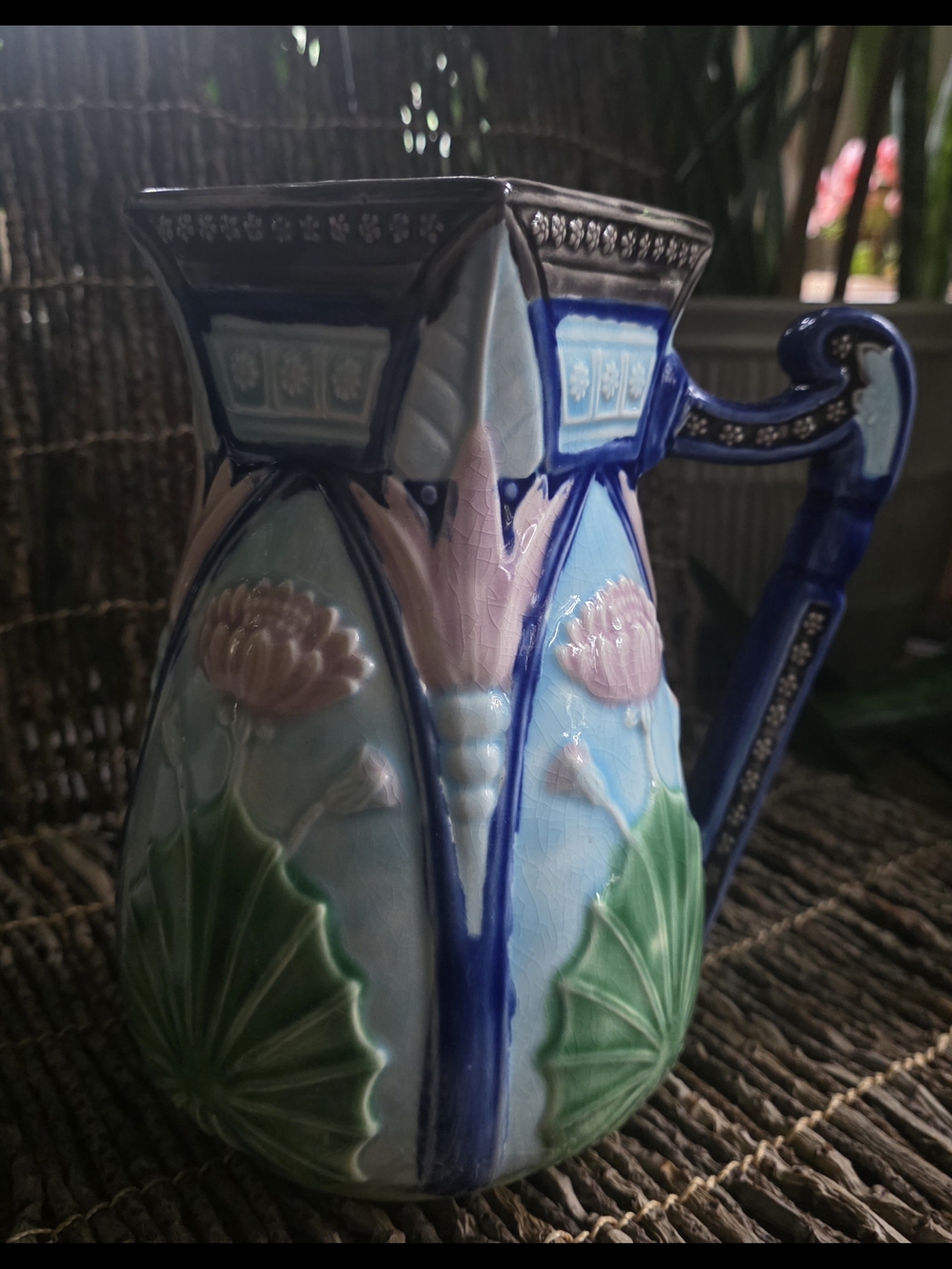 Blue and Green Floral Ceramic Pitcher - Decorative Home Art